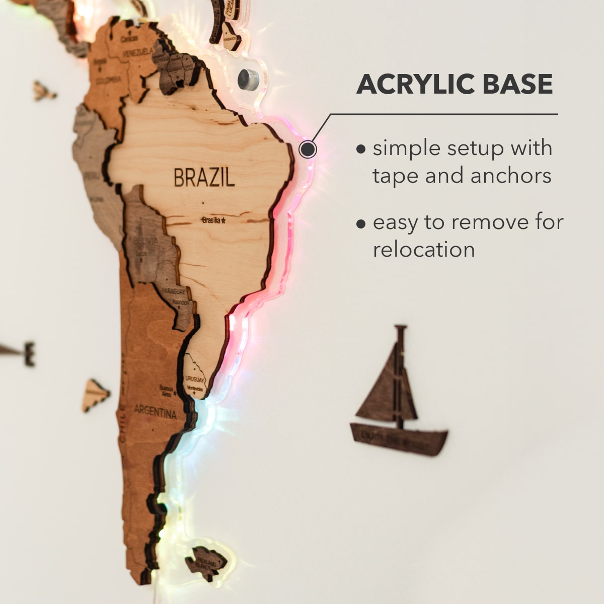 3d Led Wooden World Map 2.0 (with Acrylic Background)
