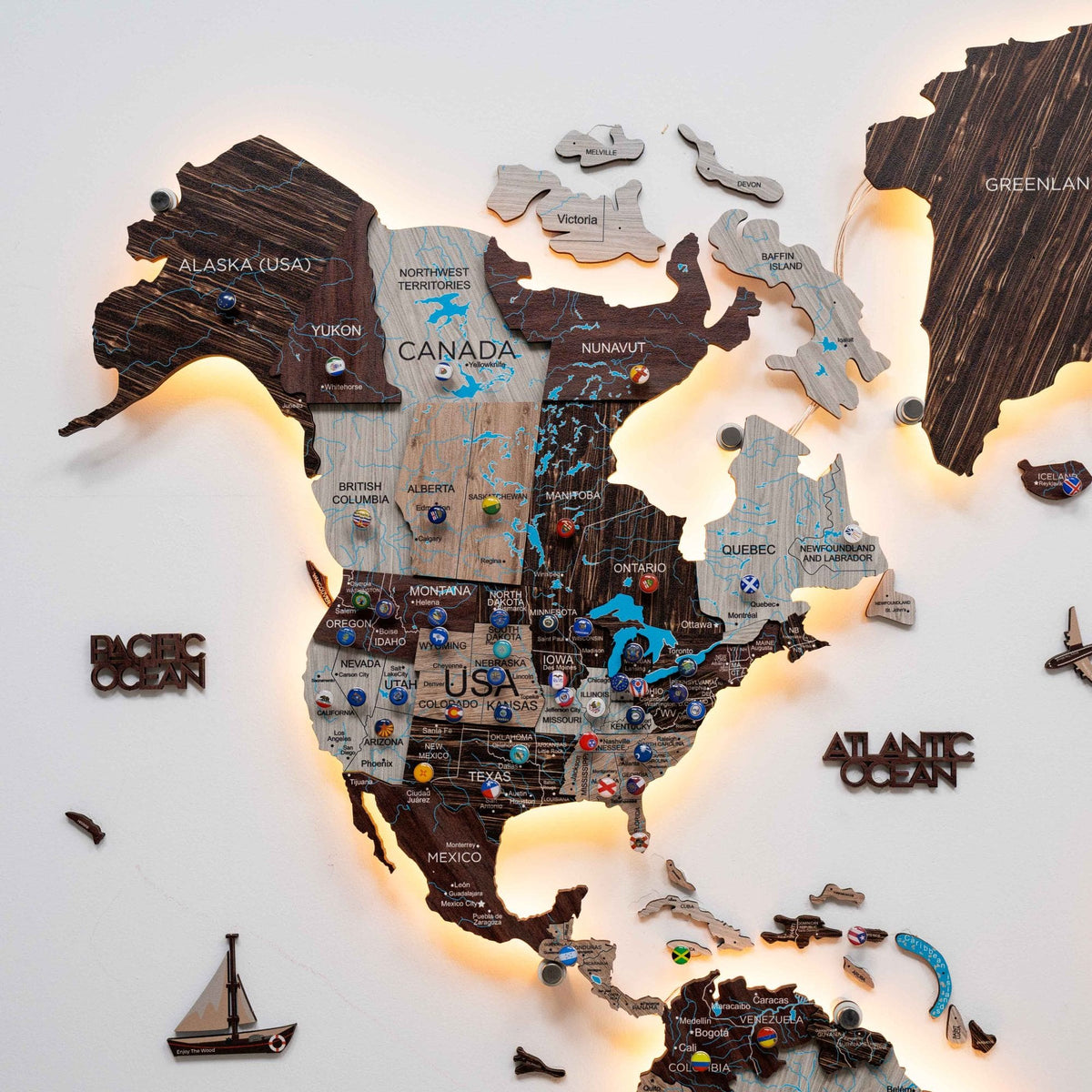 3d Led / Luminous Wooden World Map 3.0 Cappuccino