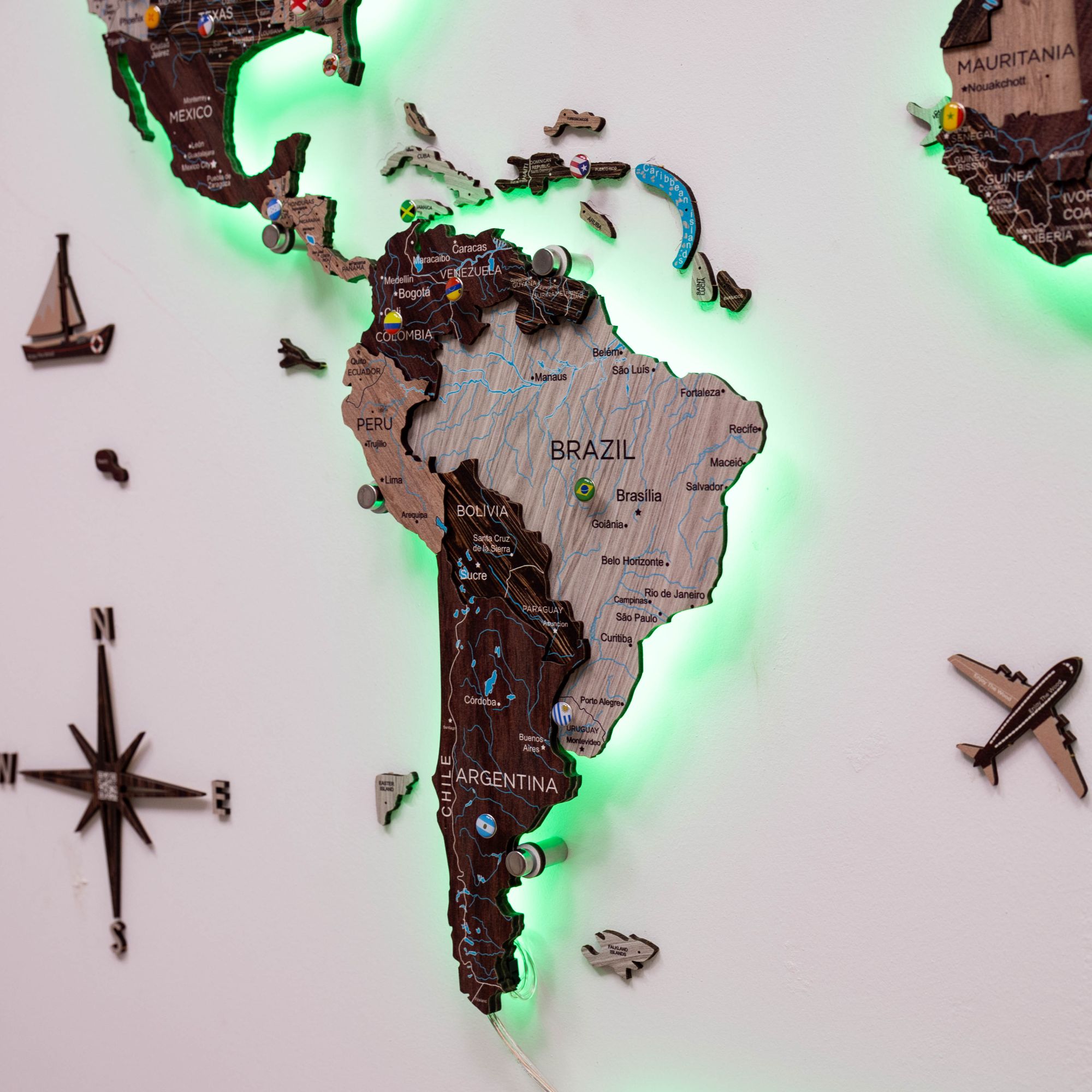 3d Led / Luminous Wooden World Map 3.0 Cappuccino