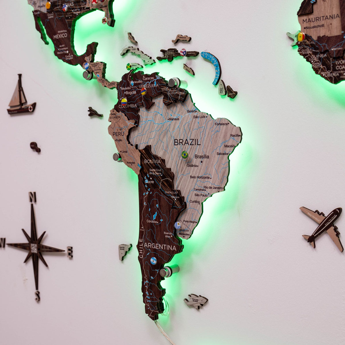 3d Led / Luminous Wooden World Map 3.0 Cappuccino