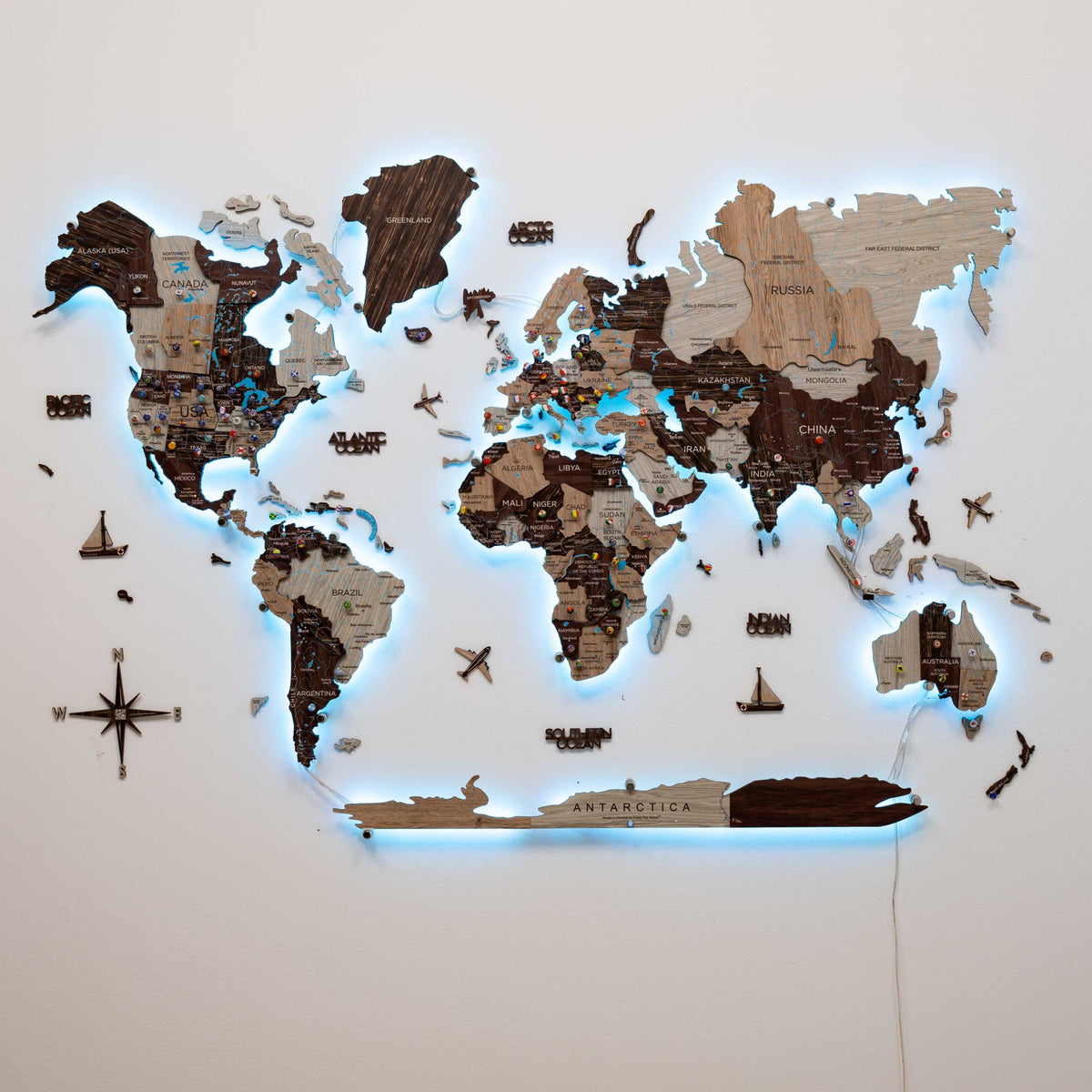 3d Led / Luminous Wooden World Map 3.0 Cappuccino