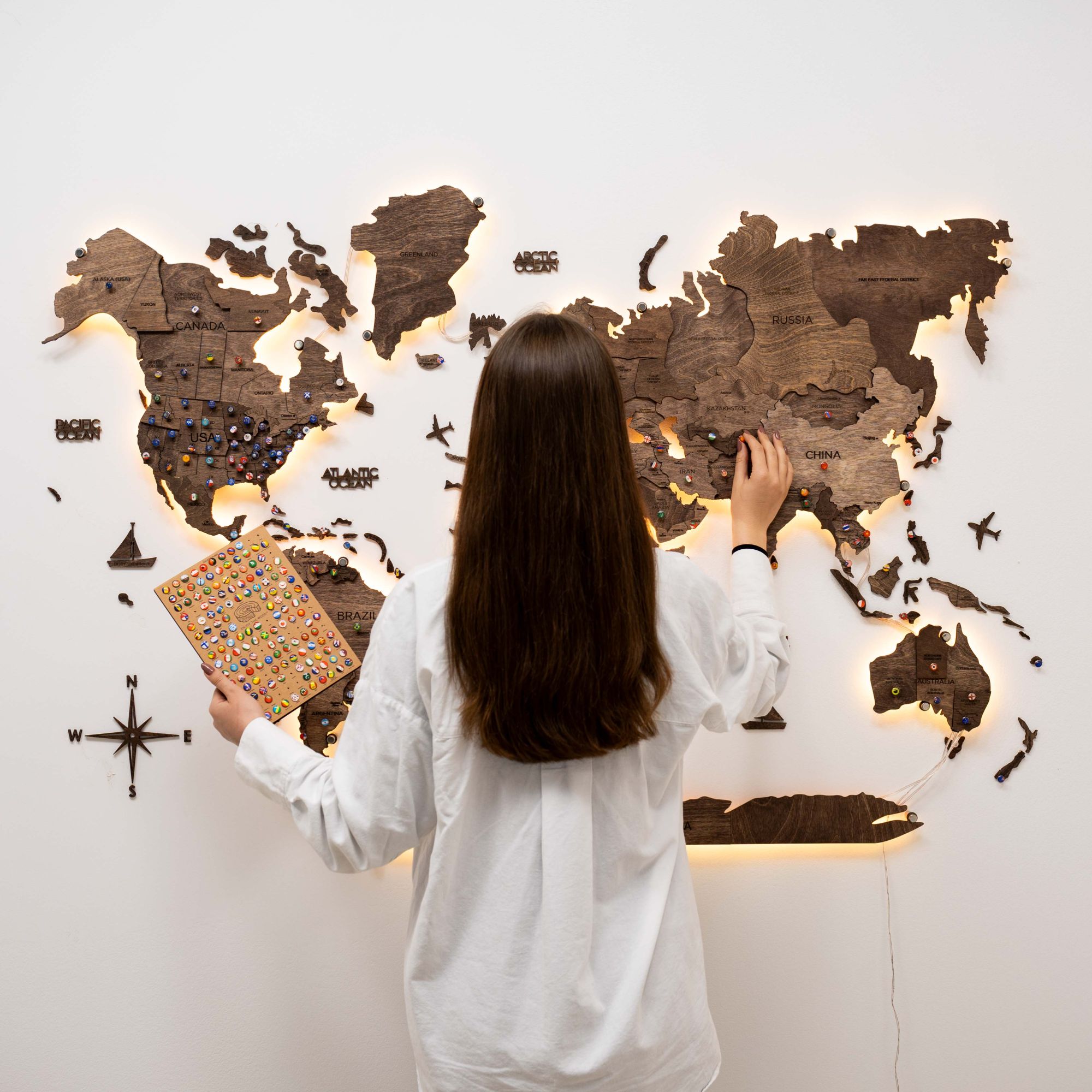 3d Led Wooden World Map 3.0 Dark Walnut