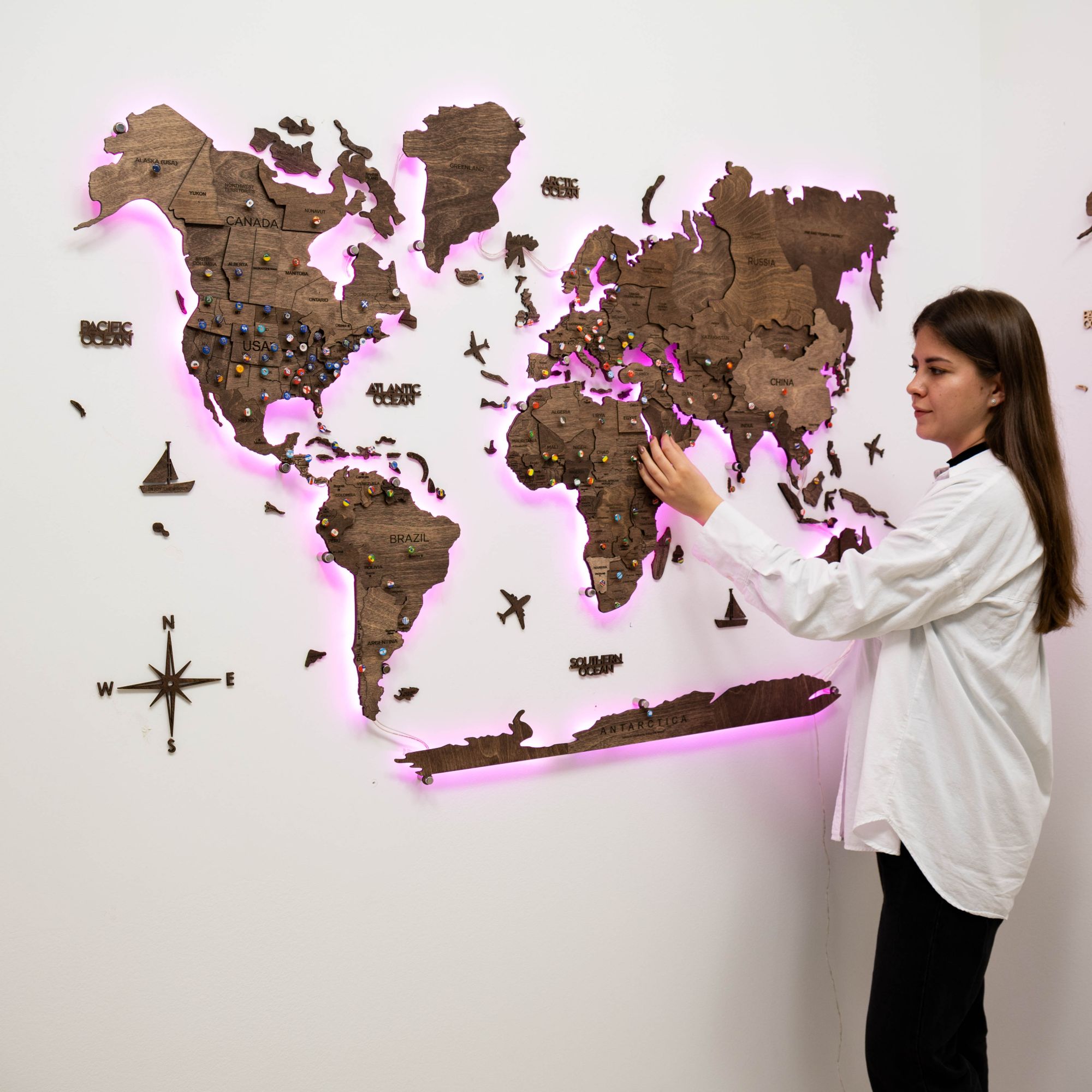 3d Led Wooden World Map 3.0 Dark Walnut