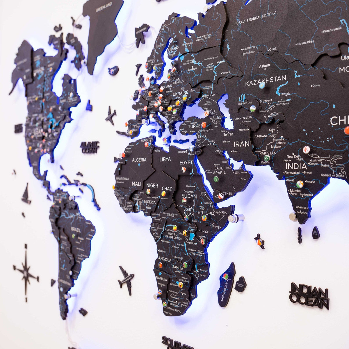 3d Led / Luminous Wooden World Map 3.0 Midnight