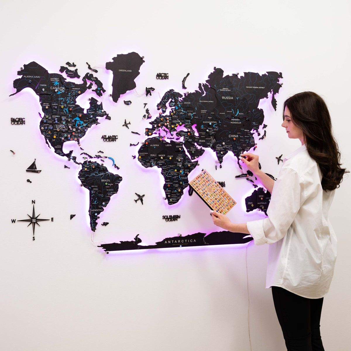 3d Led / Luminous Wooden World Map 3.0 Midnight