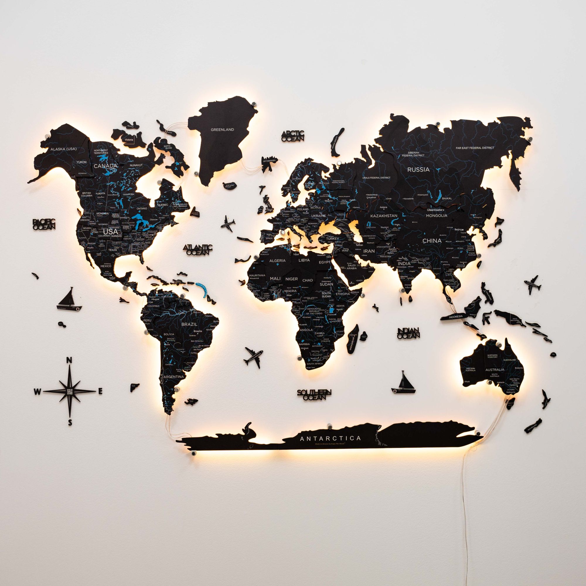 3d Led / Luminous Wooden World Map 3.0 Midnight