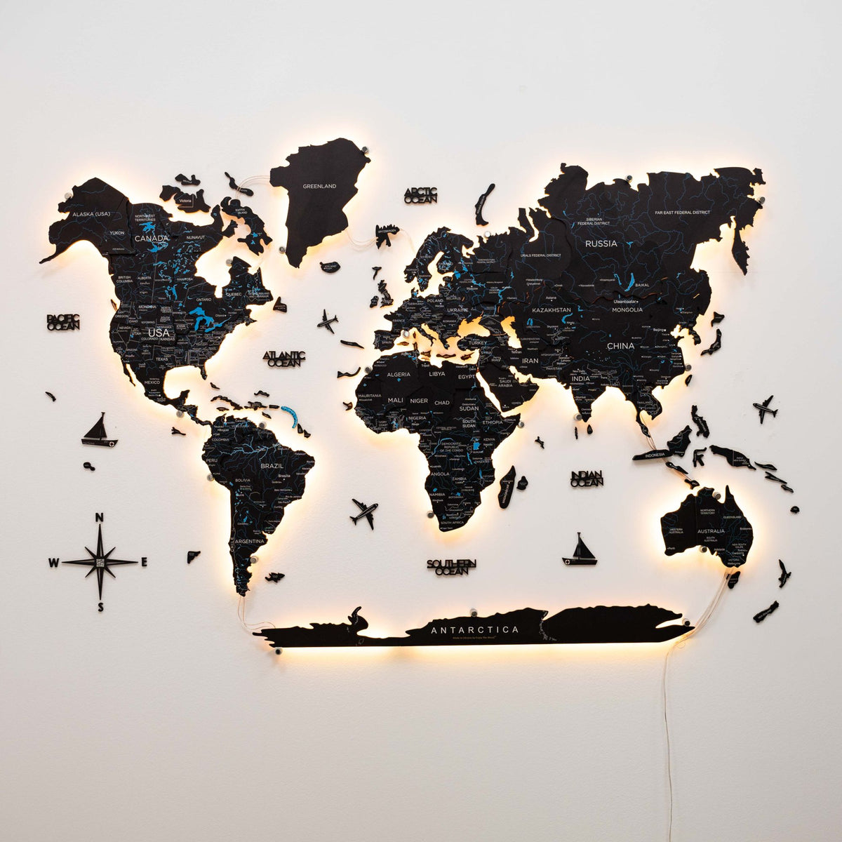 3d Led / Luminous Wooden World Map 3.0 Midnight