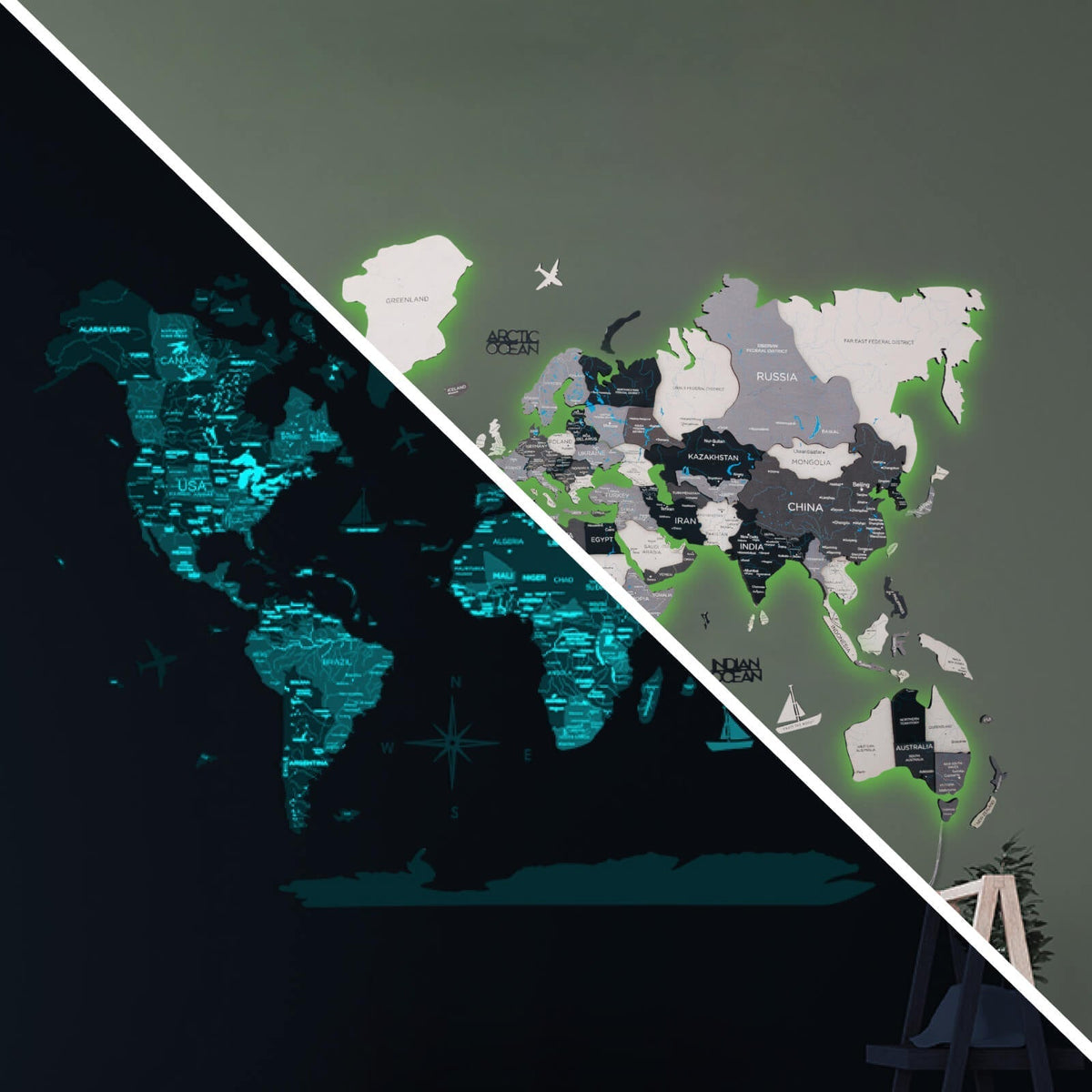 3d Led / Luminous Wooden World Map 3.0 Nordik