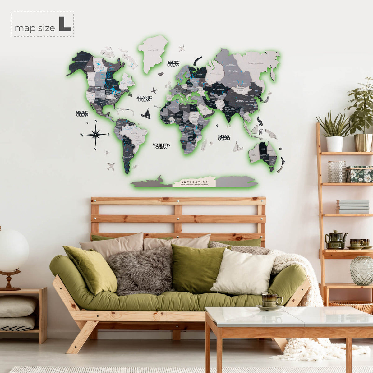 3d Led / Luminous Wooden World Map 3.0 Nordik