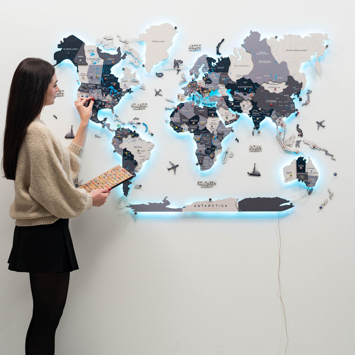 3d Led / Luminous Wooden World Map 3.0 Nordik