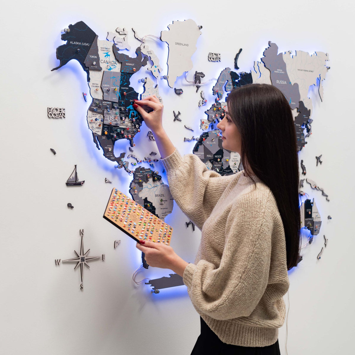 3d Led / Luminous Wooden World Map 3.0 Nordik