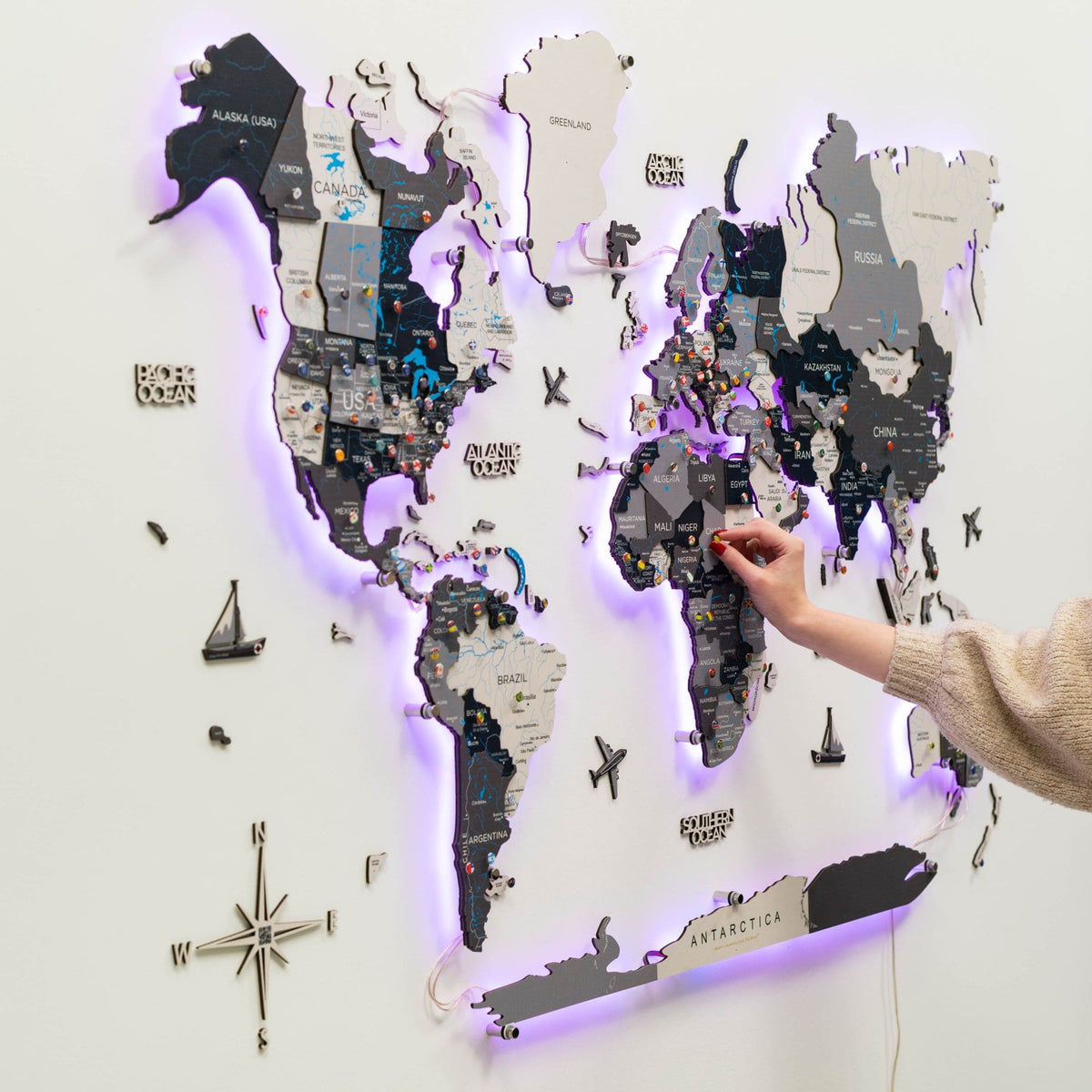 3d Led / Luminous Wooden World Map 3.0 Nordik