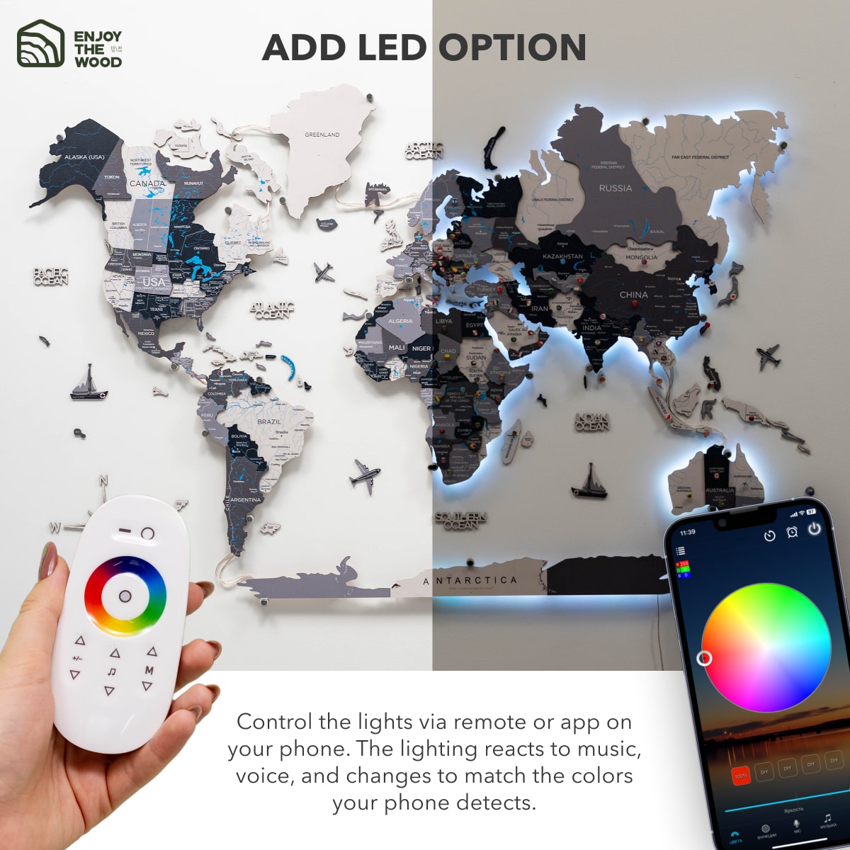 3d Led / Luminous Wooden World Map 3.0 Nordik