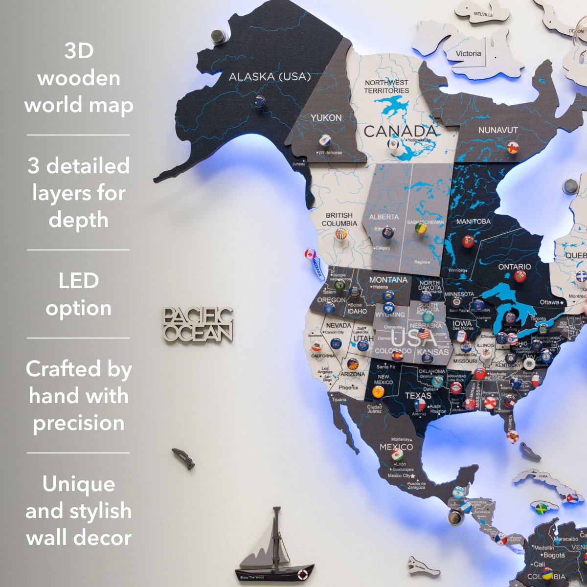 3d Led / Luminous Wooden World Map 3.0 Nordik