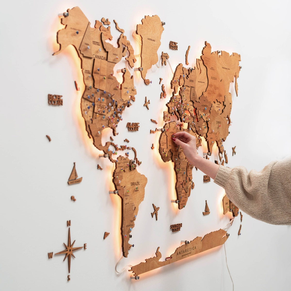 3d Led Wooden World Map 3.0 Oak