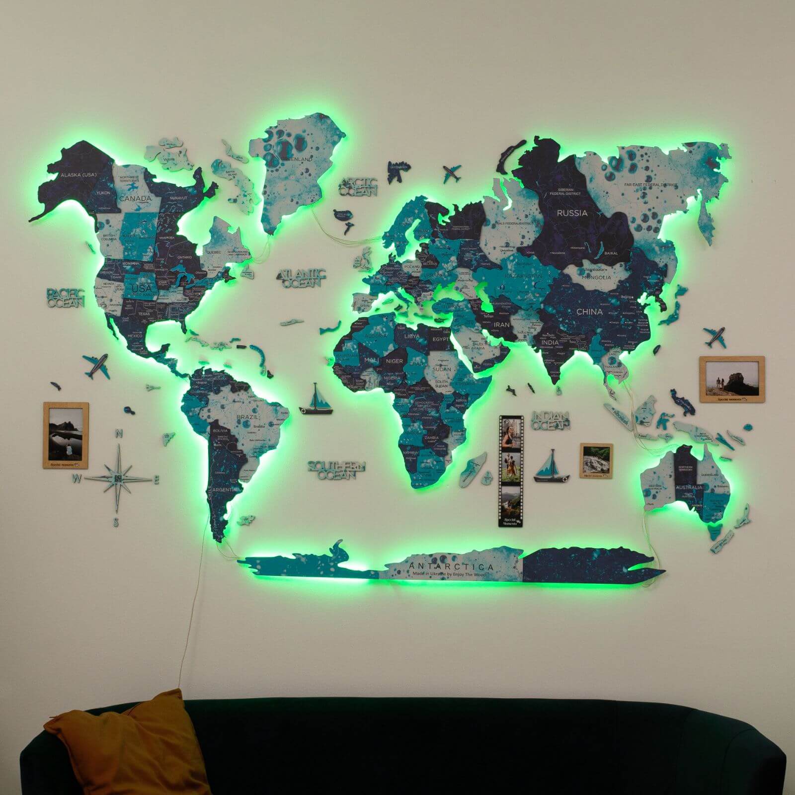 3d Led / Luminous Wooden World Map 3.0 Ocean