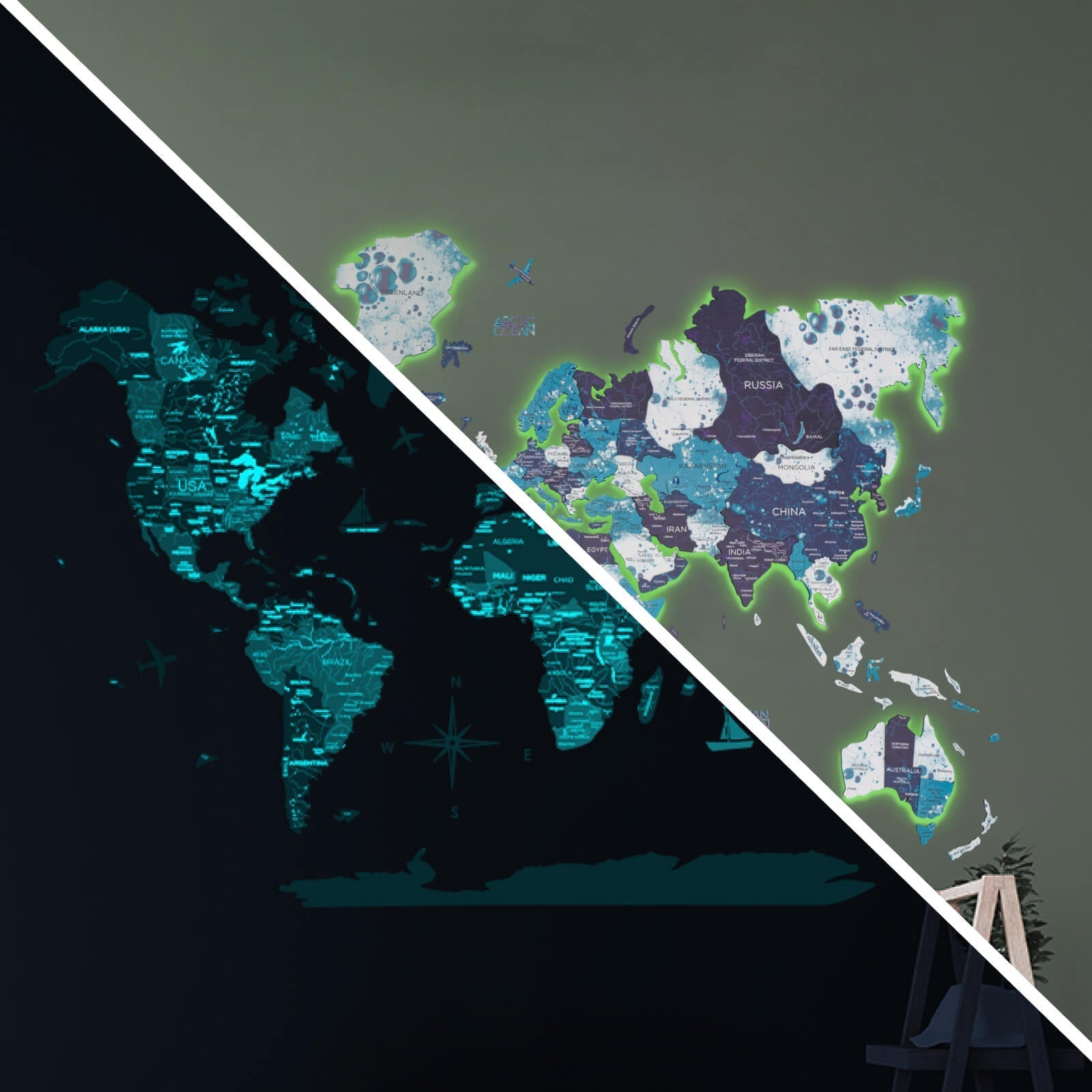 3d Led / Luminous Wooden World Map 3.0 Ocean