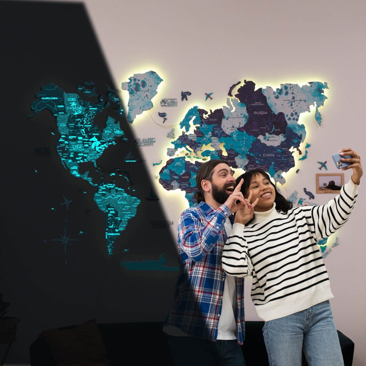 3d Led / Luminous Wooden World Map 3.0 Ocean