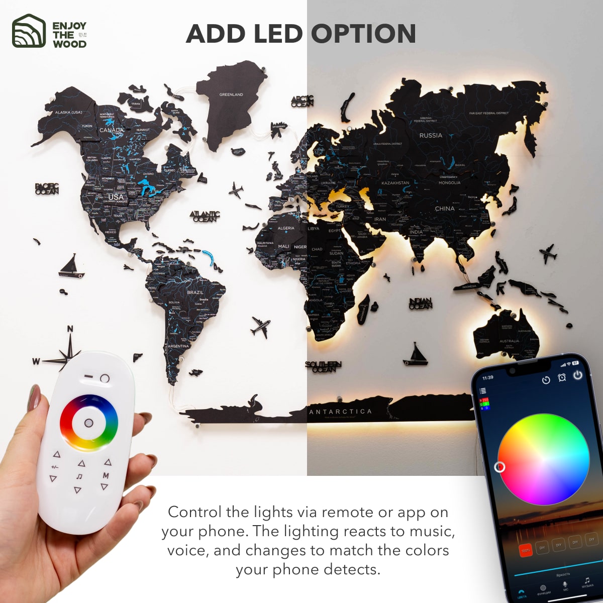 3d Led / Luminous Wooden World Map 3.0 Midnight