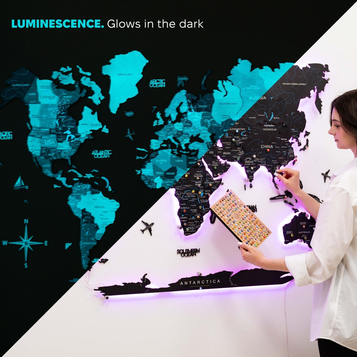 3d Led / Luminous Wooden World Map 3.0 Midnight