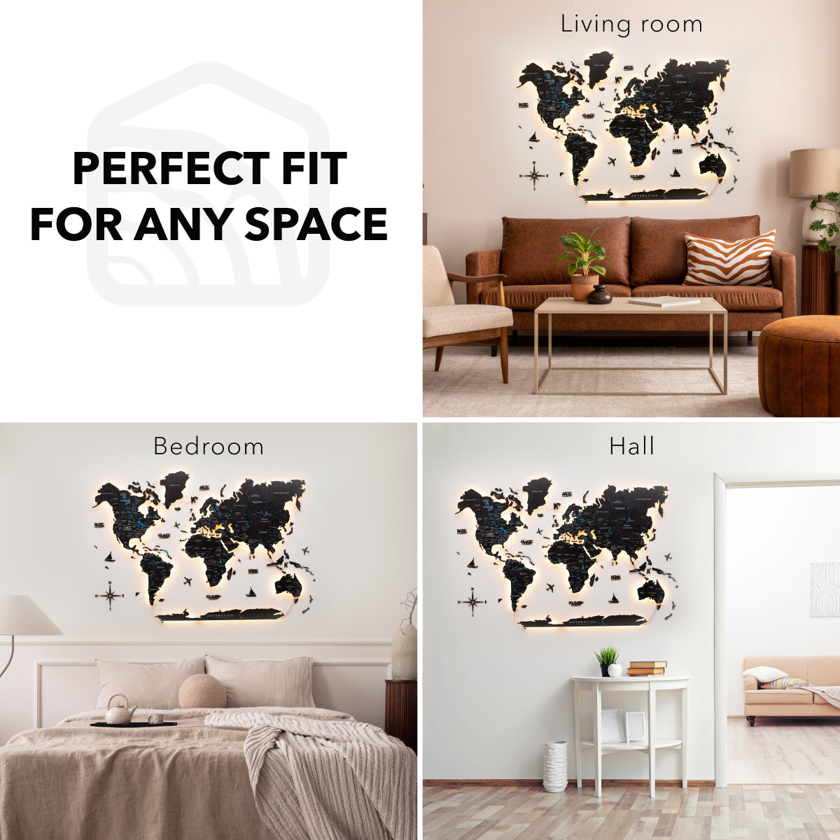 3d Led / Luminous Wooden World Map 3.0 Midnight