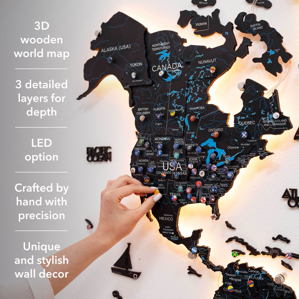 3d Led / Luminous Wooden World Map 3.0 Midnight