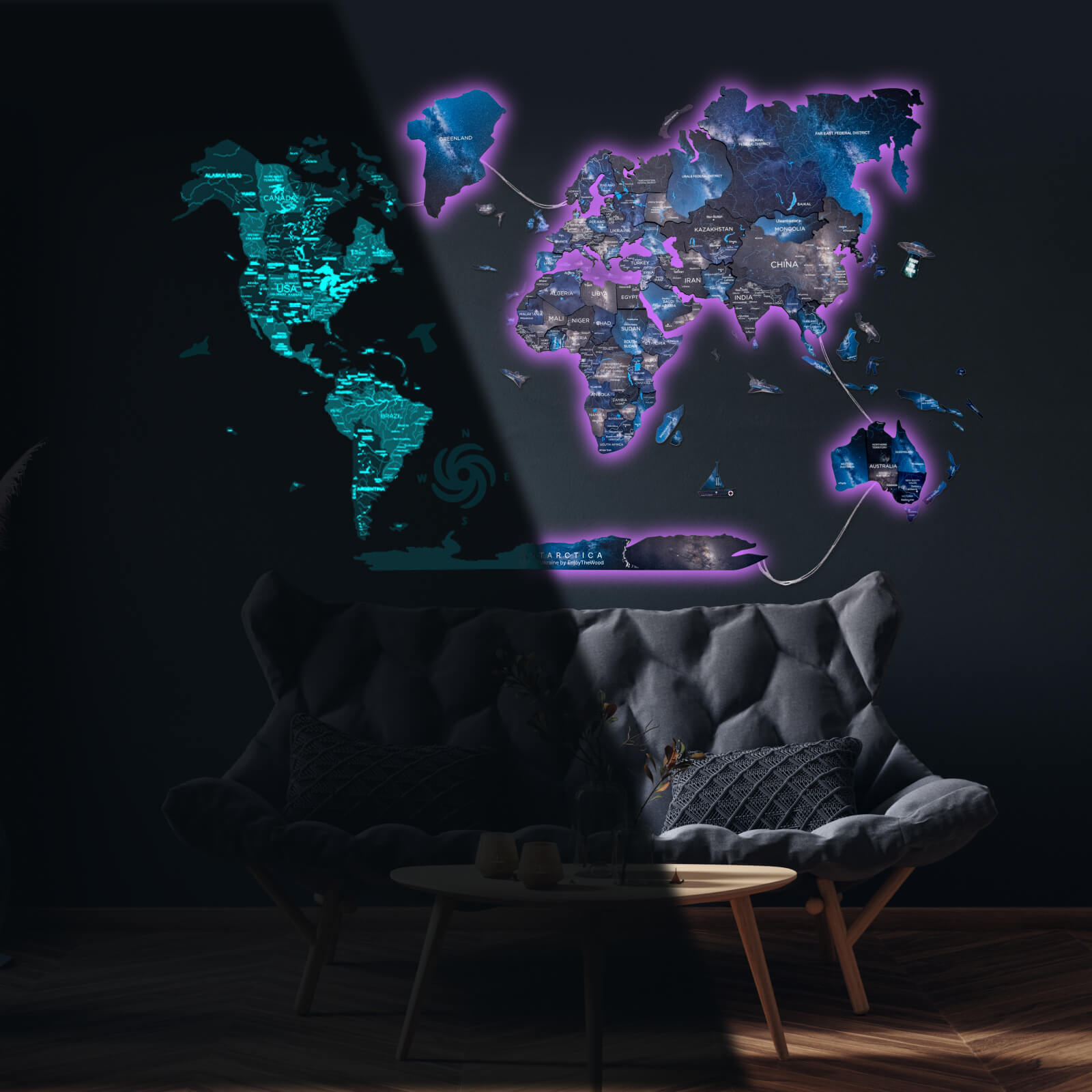 3d Led / Luminous Wooden World Map 3.0 Space