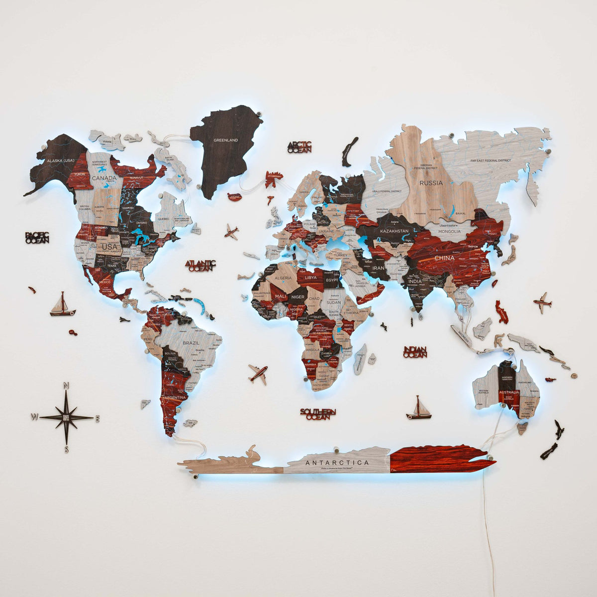 3d Led / Luminous Wooden World Map 3.0 Urban