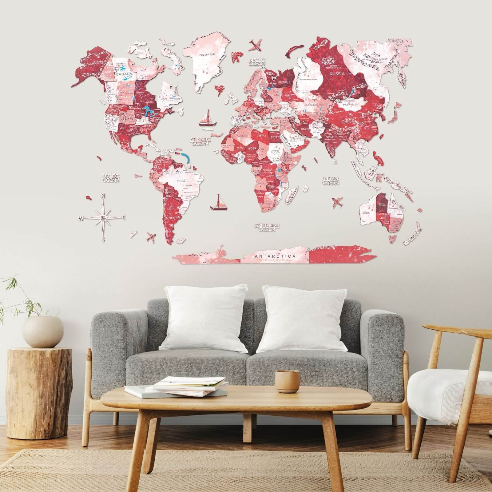3d Wooden World Map Volcano