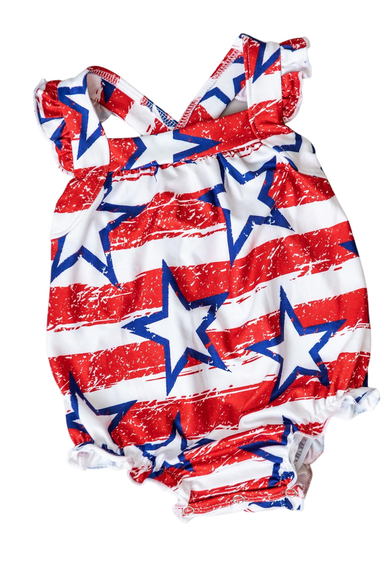 Stars & Stripes Ruffle Cross Back Romper