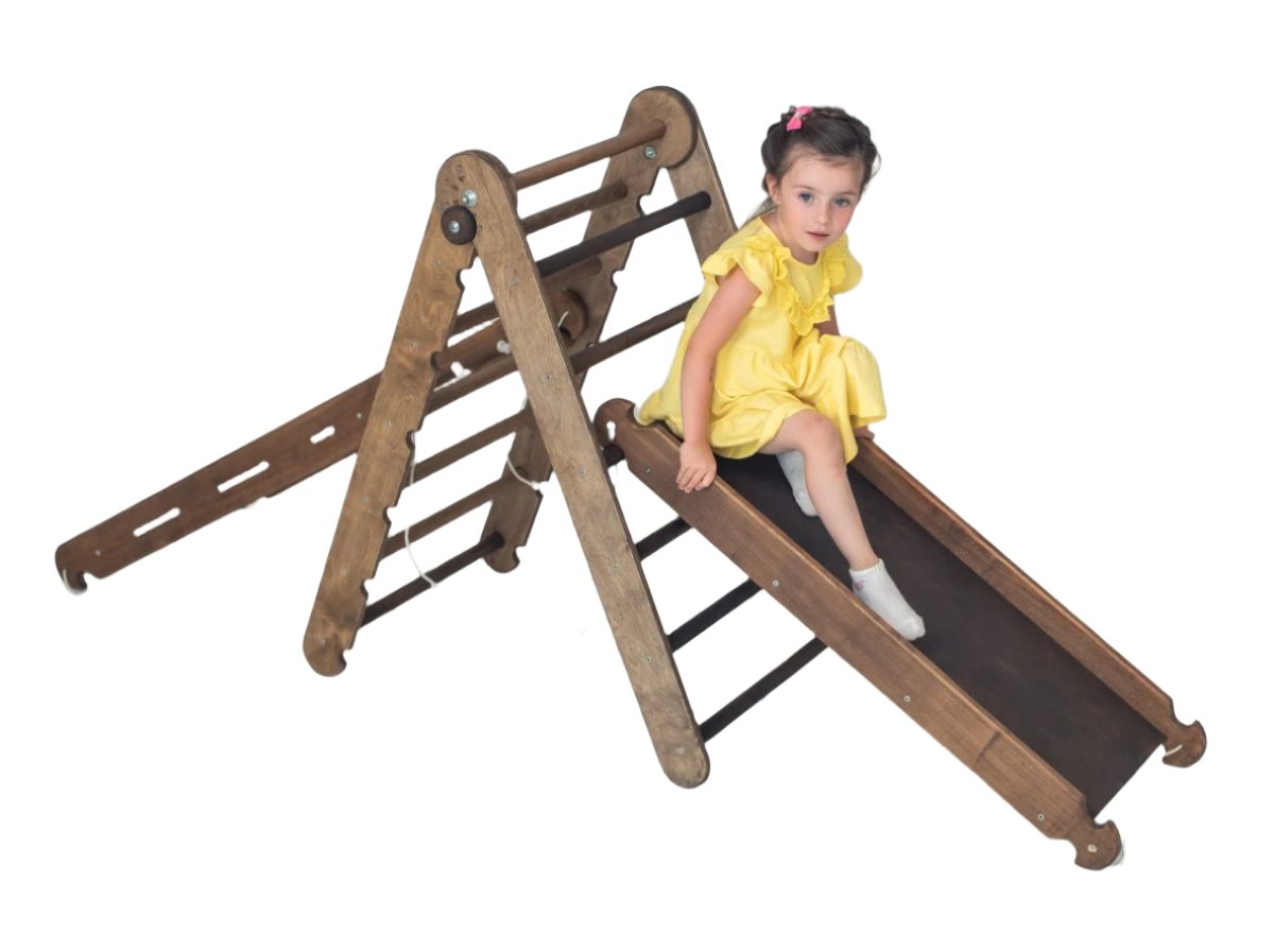 3in1 Montessori Climbing Frame Set: Triangle Ladder + Slide Board/ramp + Net – Chocolate