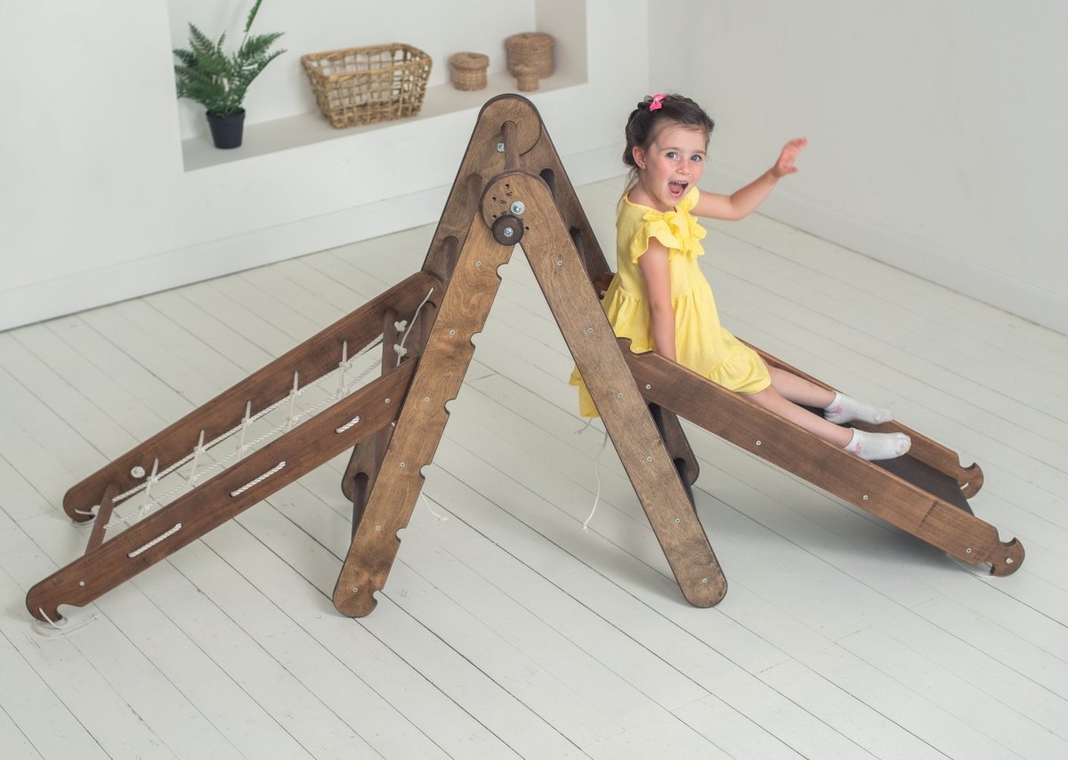 3in1 Montessori Climbing Frame Set: Triangle Ladder + Slide Board/ramp + Net – Chocolate