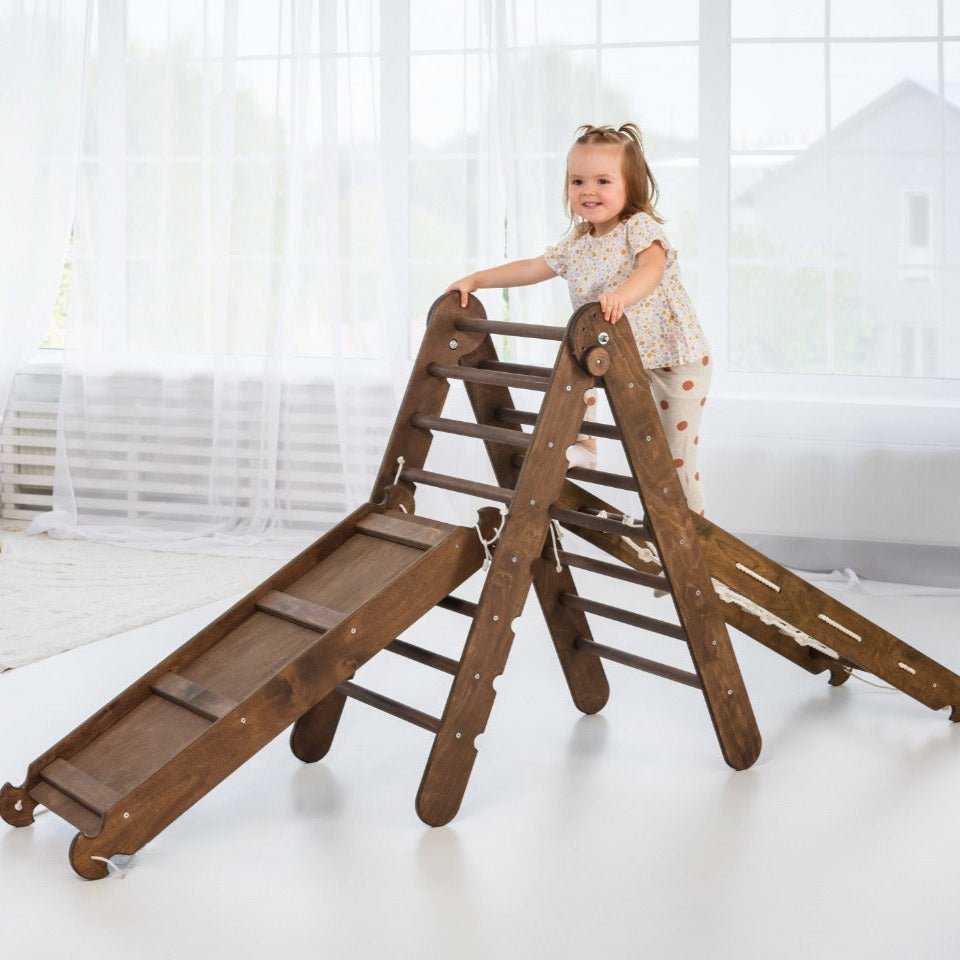3in1 Montessori Climbing Set: Triangle Ladder + Slide Board + Net – Chocolate