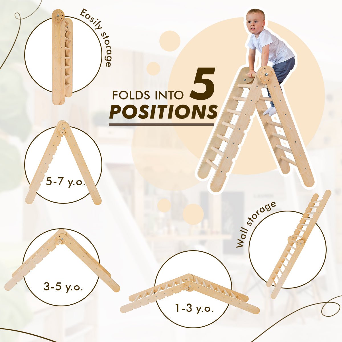 3in1 Montessori Climbing Set: Triangle Ladder + Wooden Arch + Slide Board – Beige New