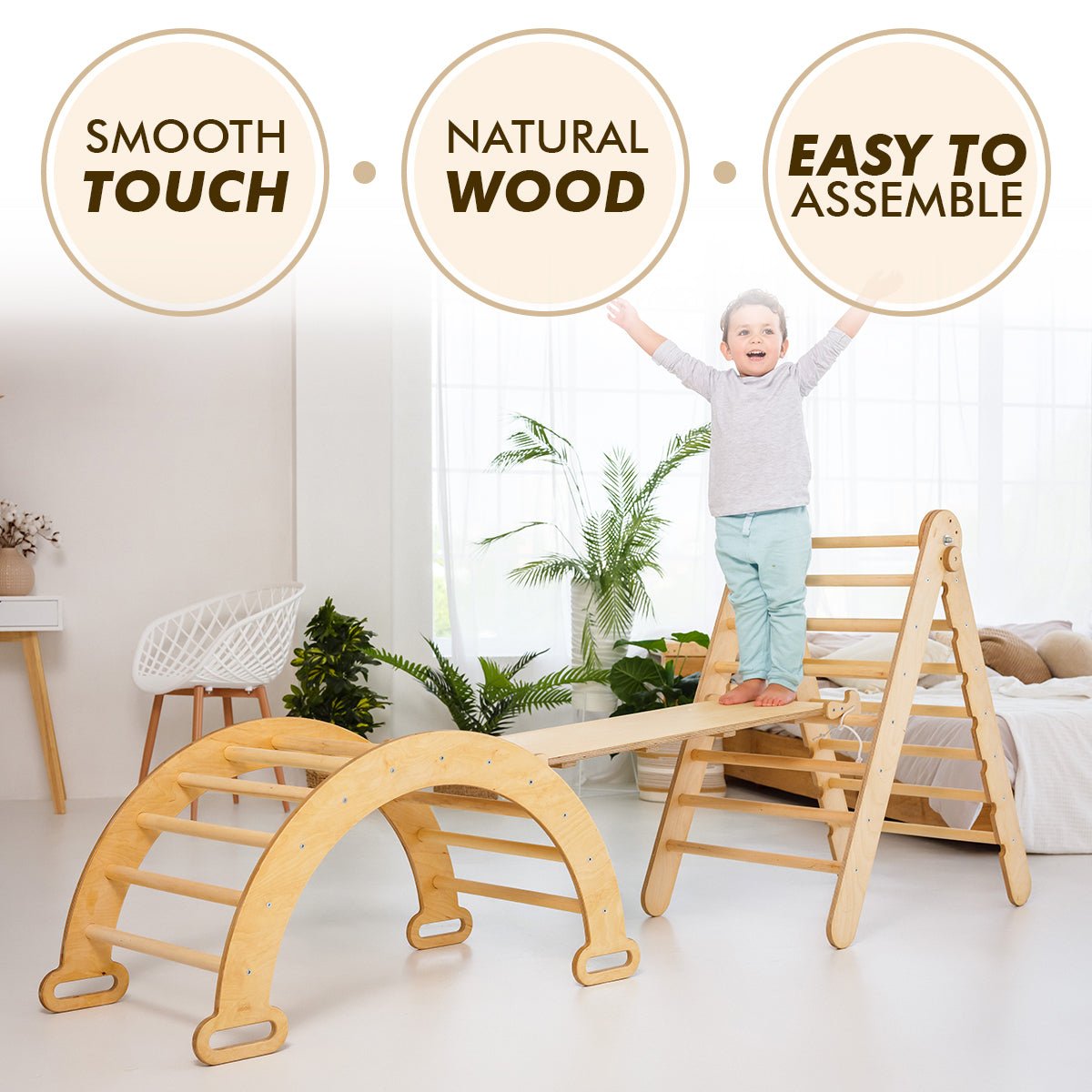 3in1 Montessori Climbing Set: Triangle Ladder + Wooden Arch + Slide Board – Beige New