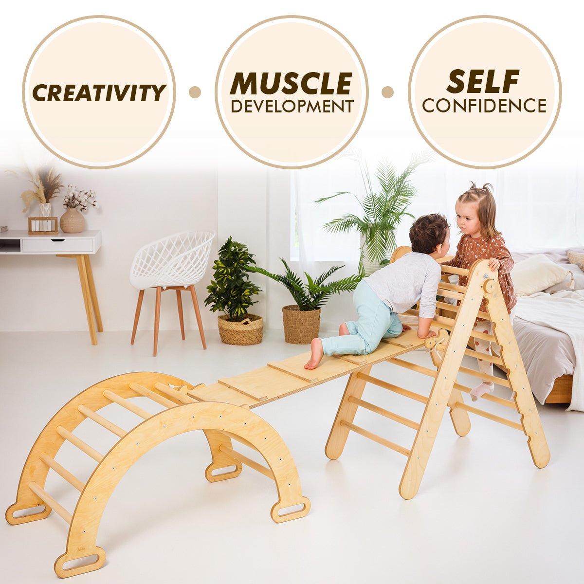 3in1 Montessori Climbing Set: Triangle Ladder + Wooden Arch + Slide Board – Beige New