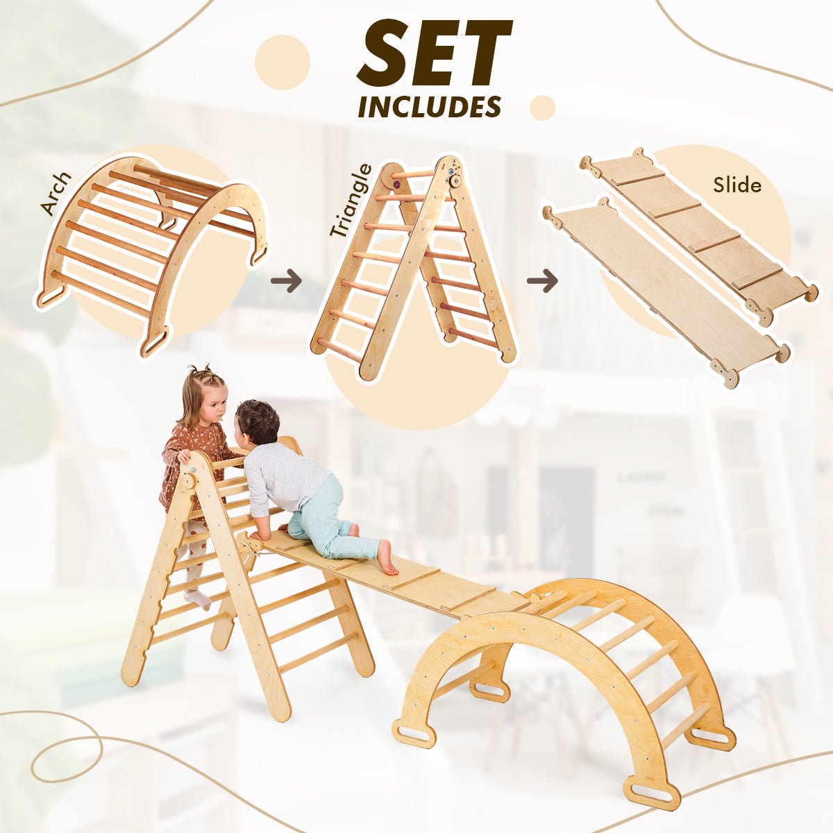 3in1 Montessori Climbing Set: Triangle Ladder + Wooden Arch + Slide Board – Beige New
