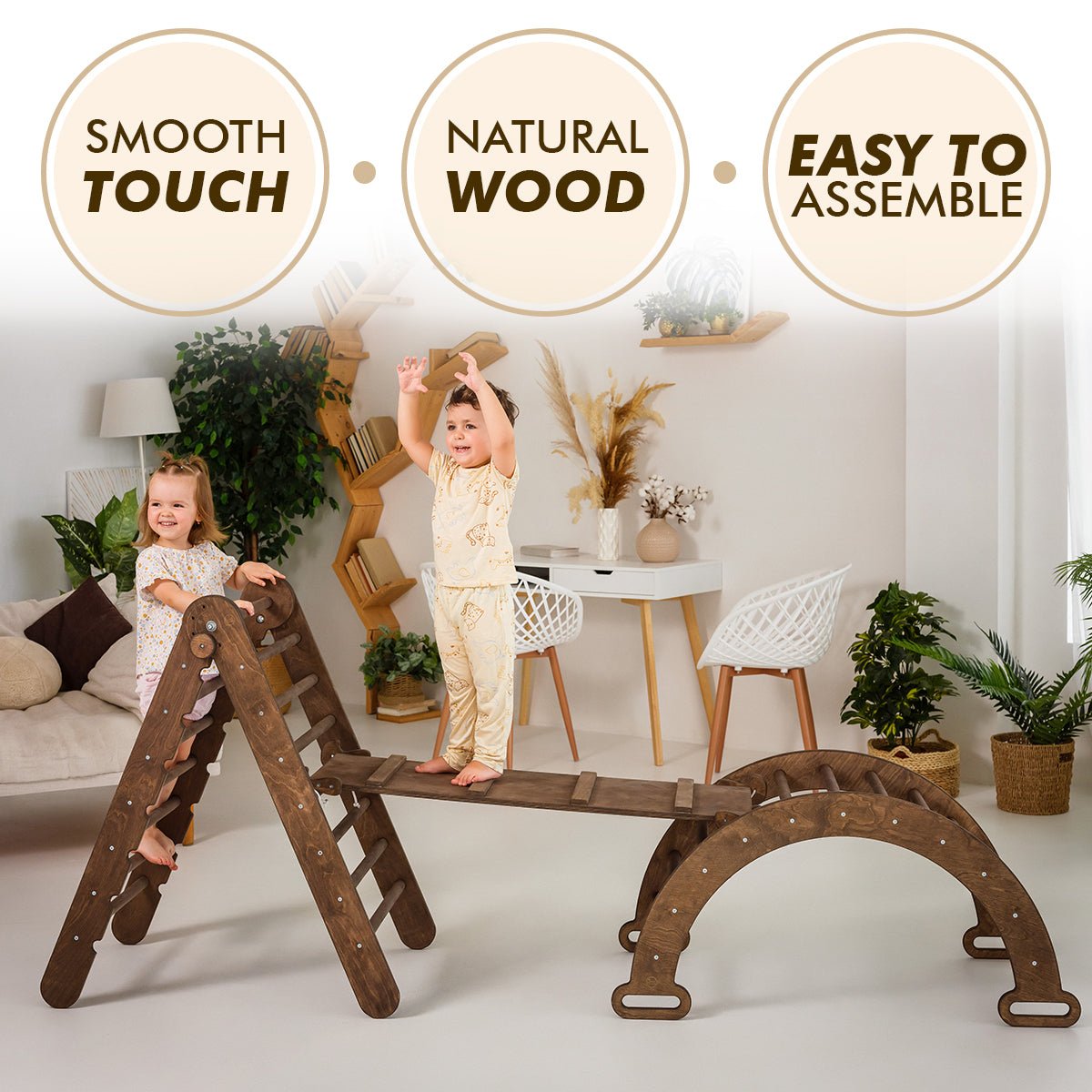 3in1 Montessori Climbing Set: Triangle Ladder + Wooden Arch + Slide Board – Chocolate New