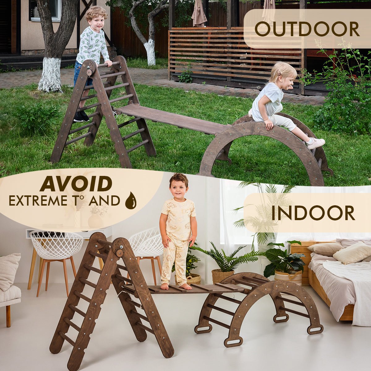 3in1 Montessori Climbing Set: Triangle Ladder + Wooden Arch + Slide Board – Chocolate New