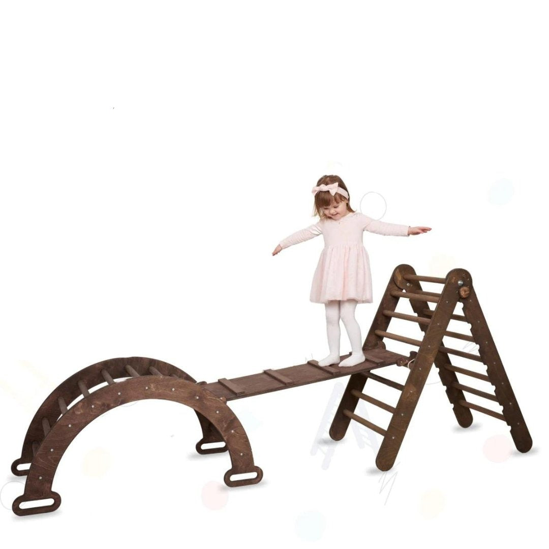 3in1 Montessori Climbing Set: Triangle Ladder + Wooden Arch + Slide Board – Chocolate New