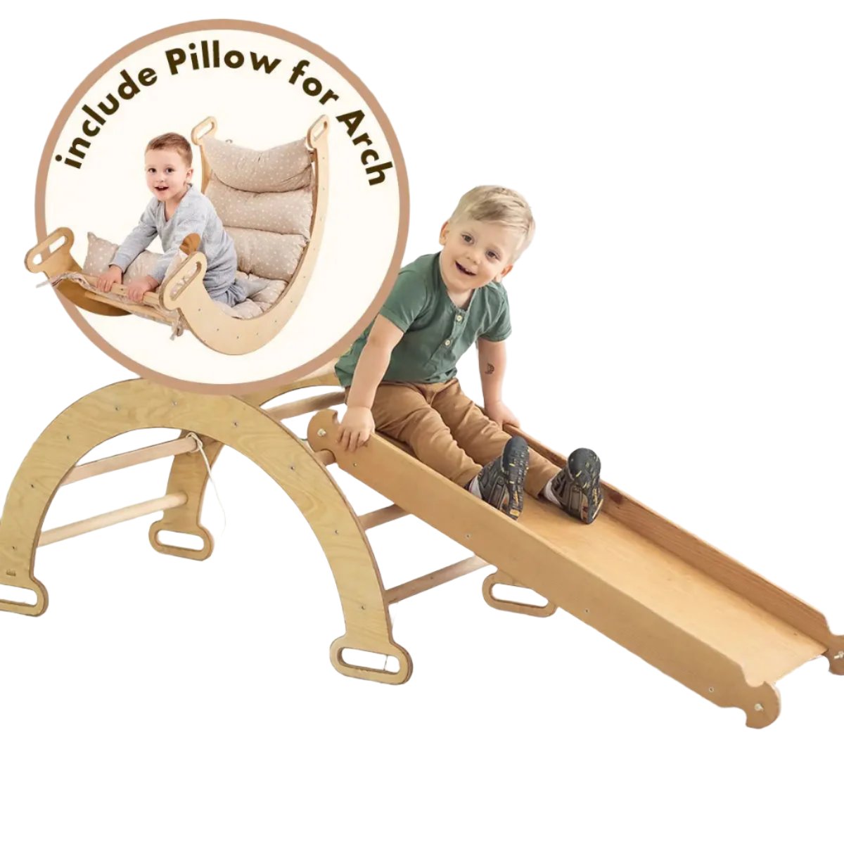 3in1 Montessori Play Set For Toddlers: Arch + Slide + Cushion - Beige