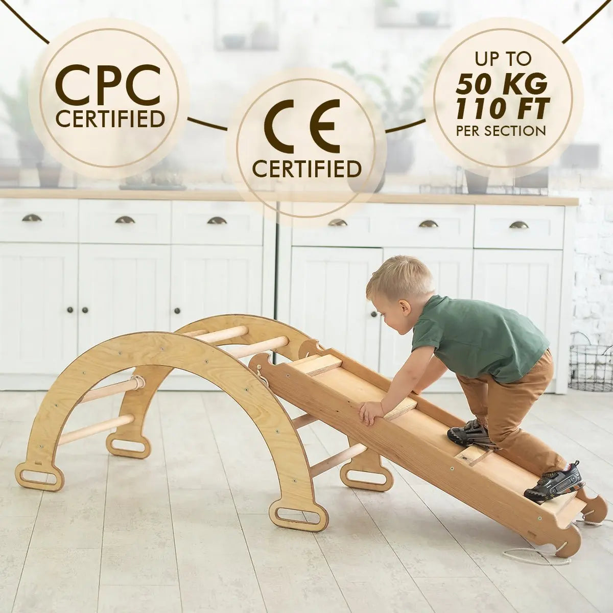 3in1 Montessori Climbing Set: Climbing Arch + Slide Board + Cushion - Beige