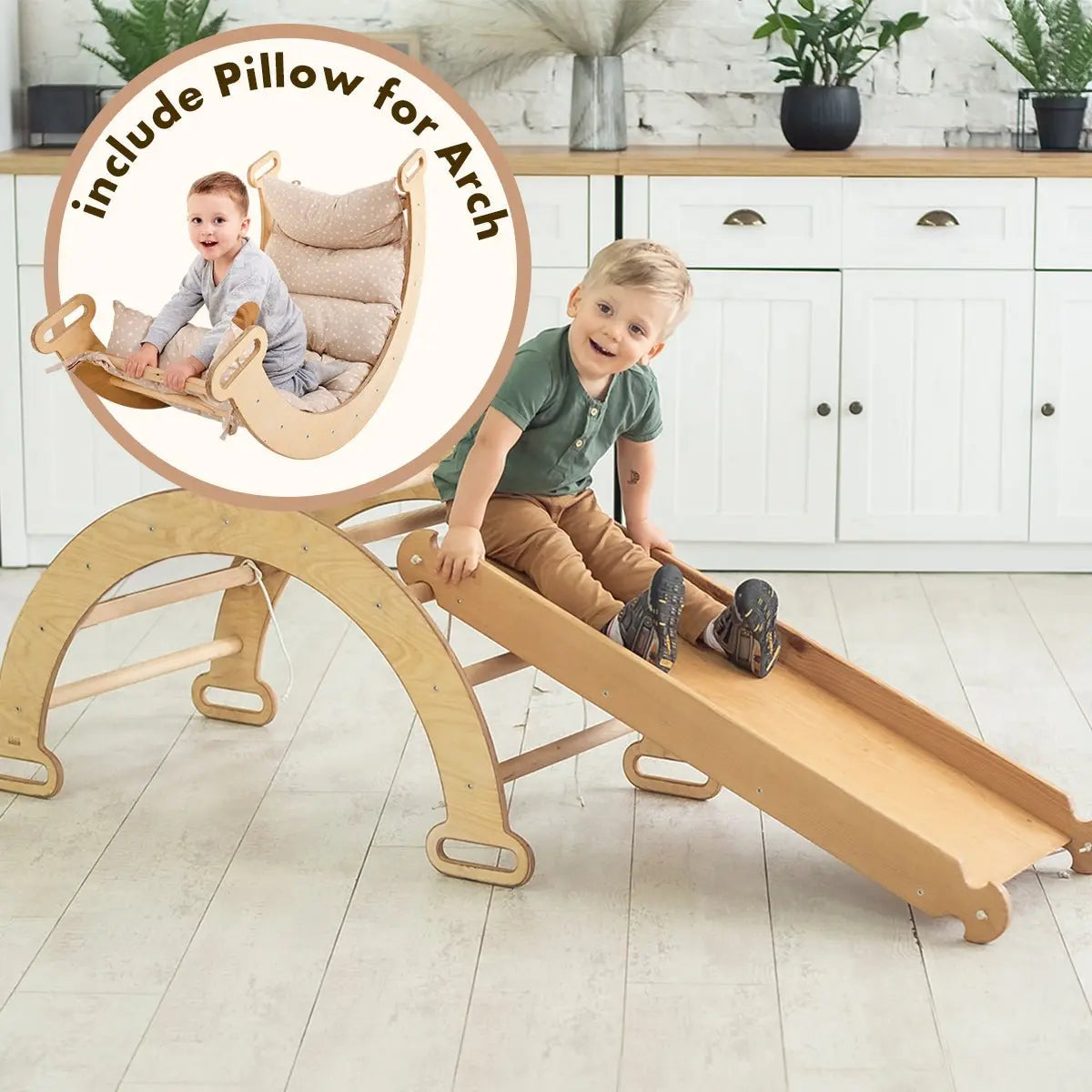 3in1 Montessori Playset For Toddlers: Arch + Slide + Cushion - Chocolate