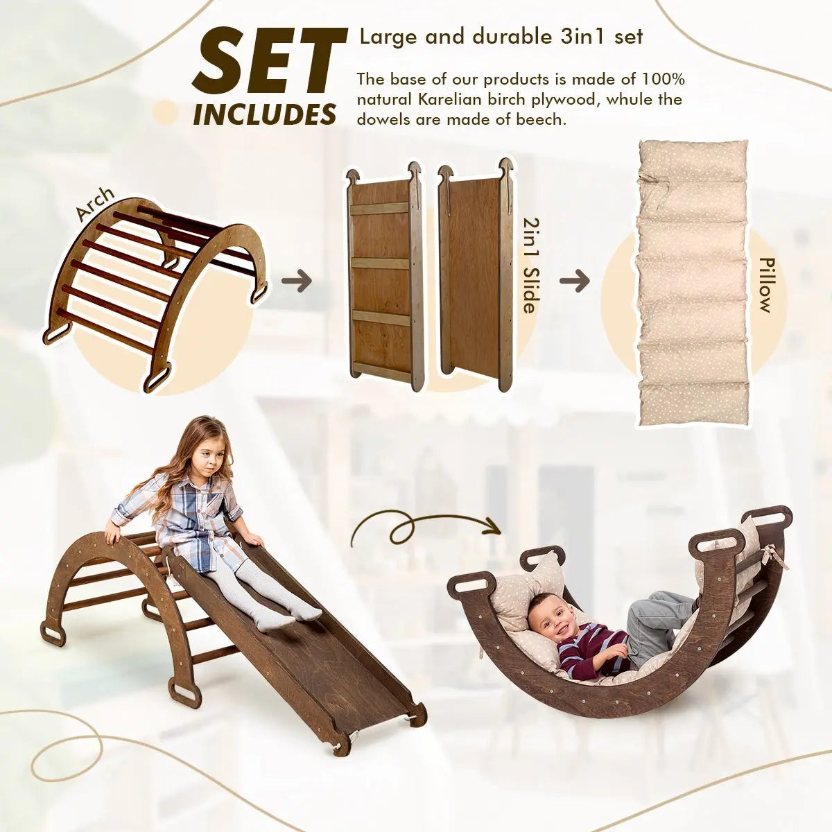 3in1 Montessori Playset For Toddlers: Arch + Slide + Cushion - Chocolate