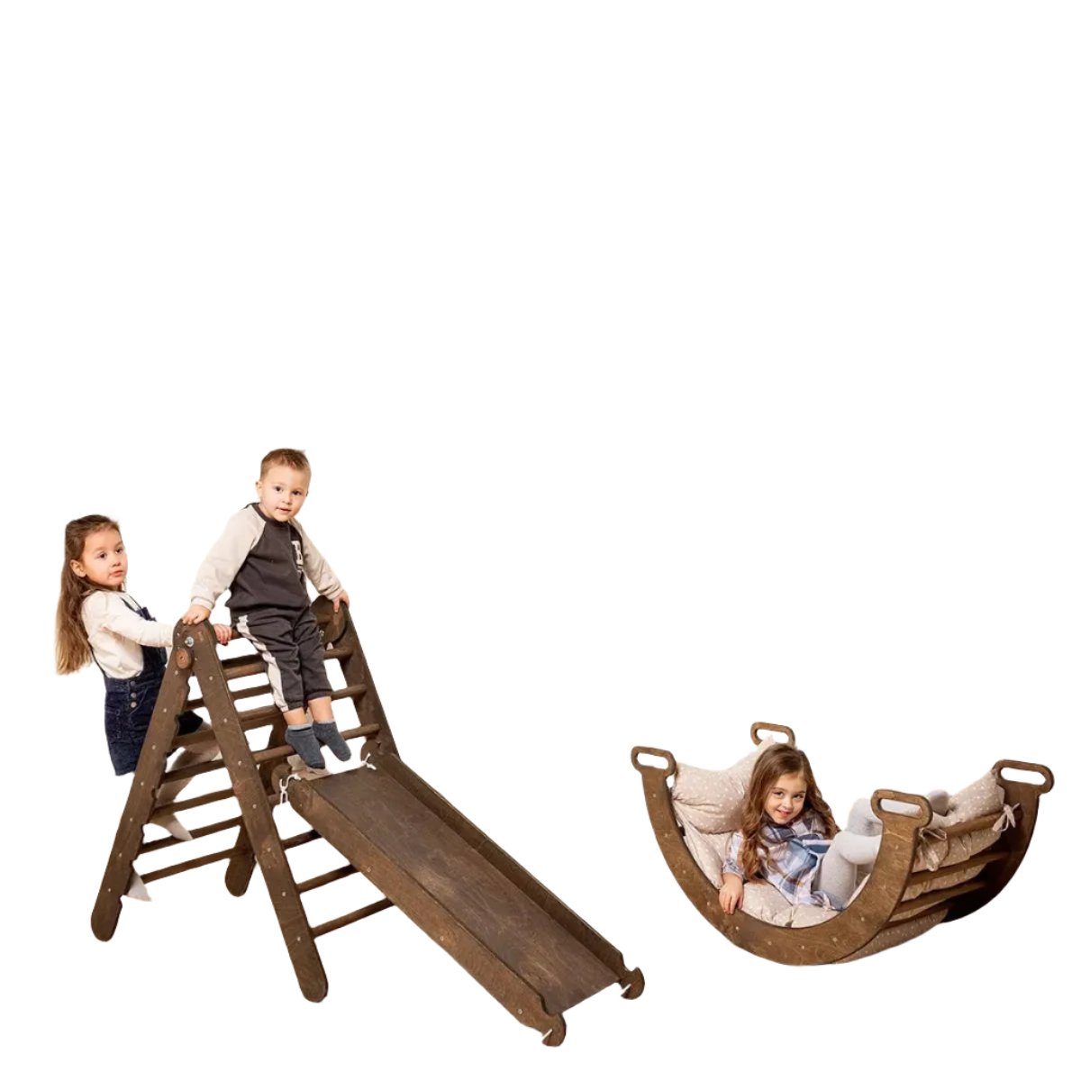 3in1 Montessori Playset For Toddlers: Arch + Slide + Cushion - Chocolate