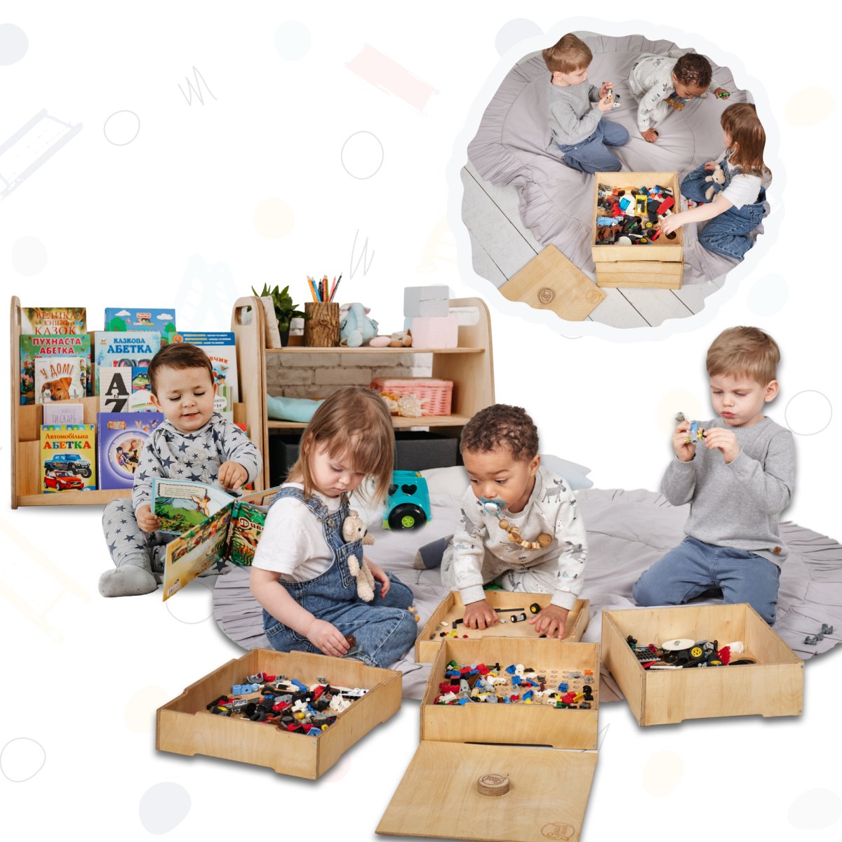 3in1 Montessori Shelves Set: Bookshelf + Toy Shelf + Lego Sorter