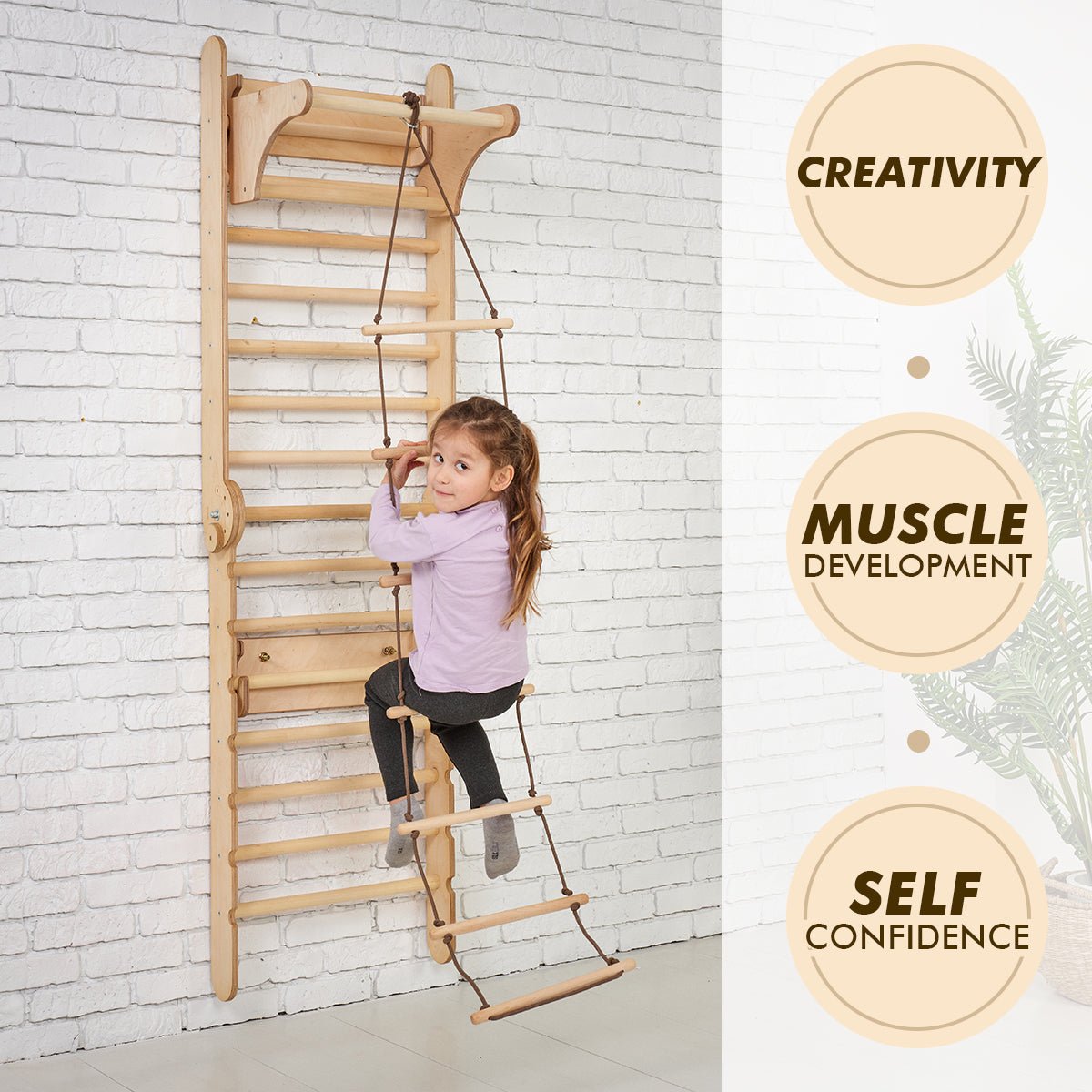 3in1 Wooden Swedish Wall / Climbing Ladder For Children + Swing Set + Slide Board