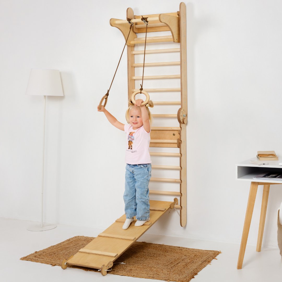 3in1 Wooden Swedish Wall / Climbing Ladder For Children + Swing Set + Slide Board