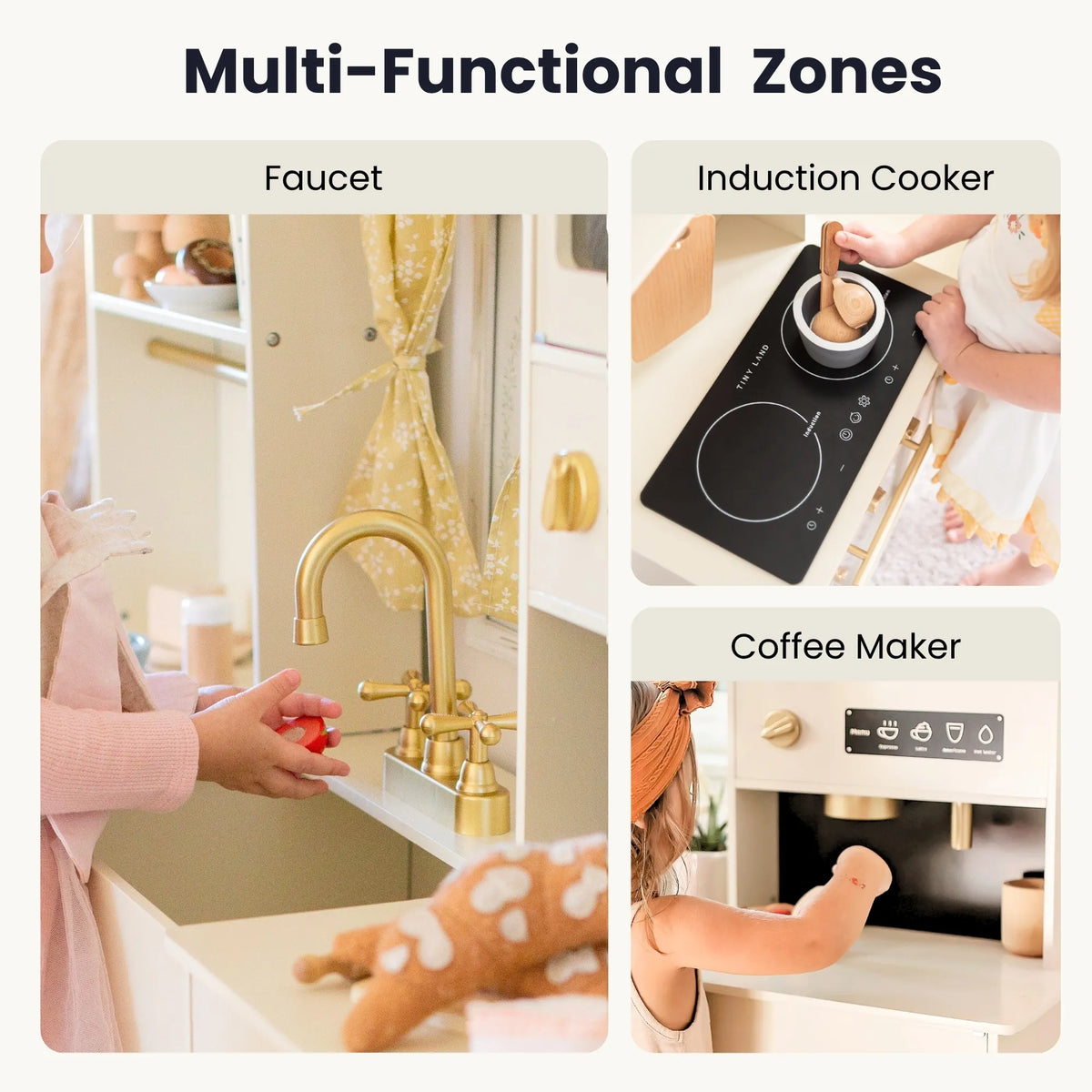 Tiny Land® Iconic Wooden Play Kitchen – Cream Pretend Cooking Set For Kids