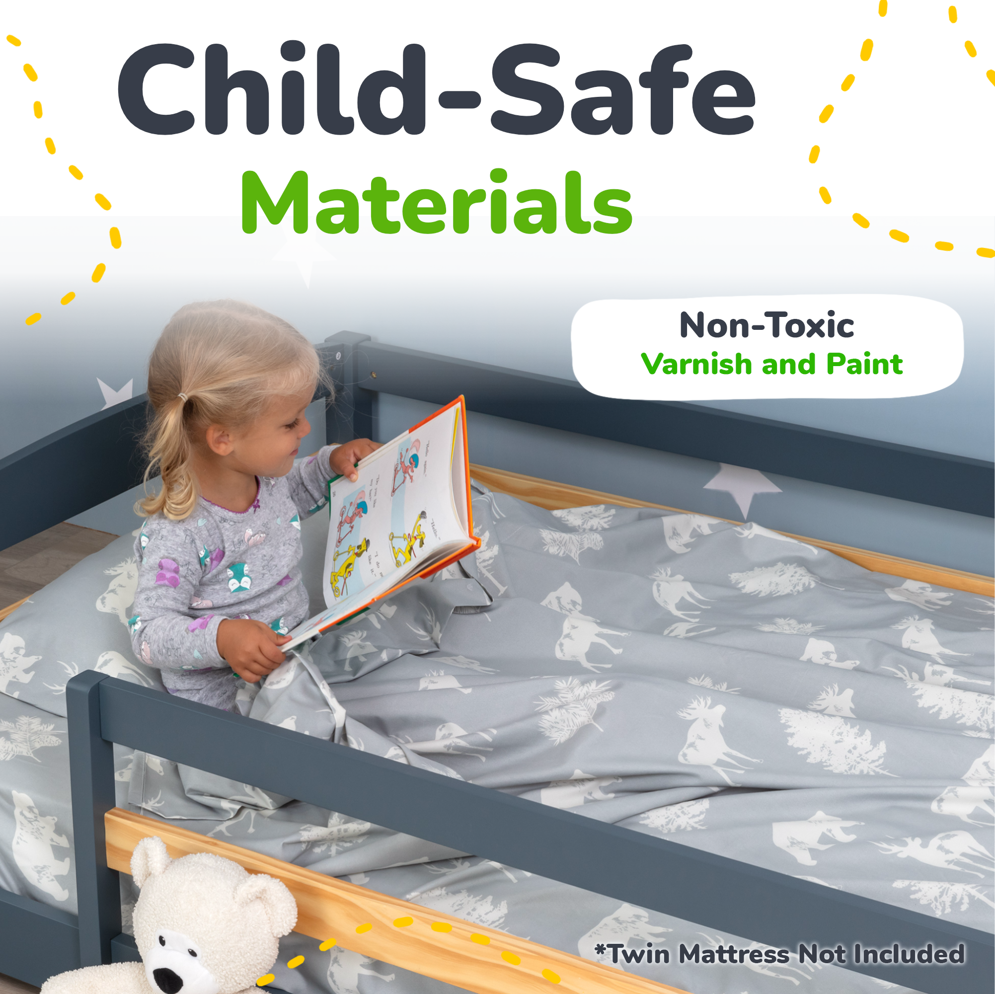 Twin Floor Bed With Safety Guardrails For Kids - Montessori Inspired